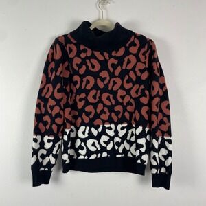 Skies Are Blue Leopard Print Turtleneck Sweater Women Size M Brown White Black